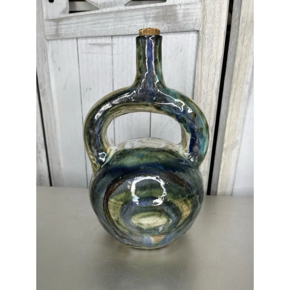 Vintage Wine Decanter & Stopper Decanter Ceramic Hand Painted Glazed Signed